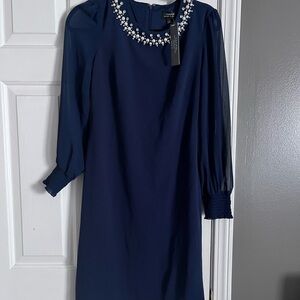 Tahari Blue Sheath Dress with Bishop Sleeves and Crew Neck